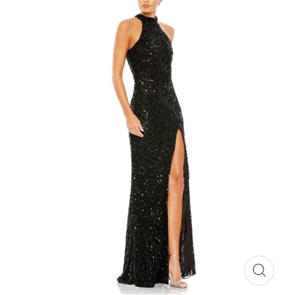 Vintage 90's Cache Black Silk Beaded Sequin Halter Gown Maxi Dress Size Large - Picture 1 of 16